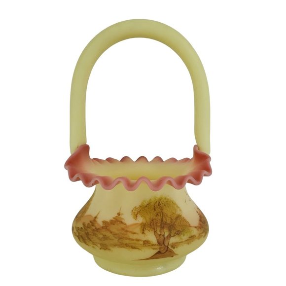Fenton Art Glass Burmese Ruffled Handled Basket Trees Birds Artist Signed VTG - Picture 4 of 9